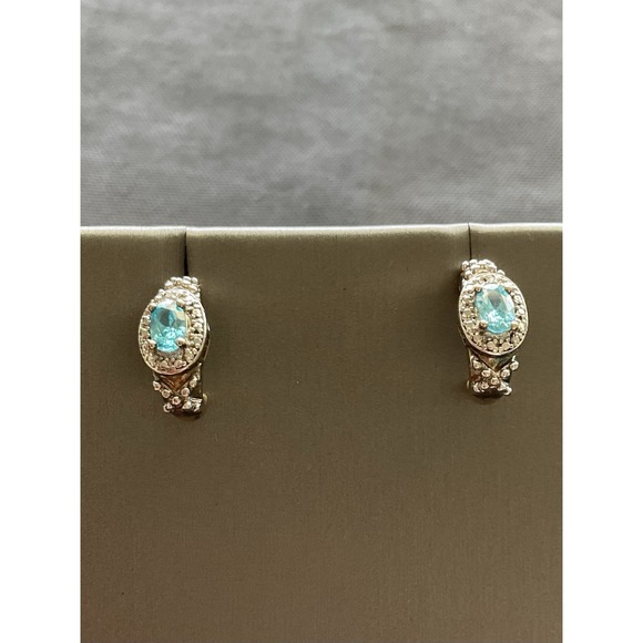 Estate Jewelry - Vintage 925 Sterling Silver Half Hoop Earrings Blue Stone Estate Jewelry